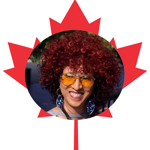 Linda Addison circular headshot superposed on top of a red Maple Leaf