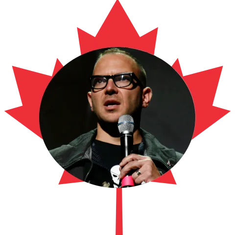 Circular headshot of Cory Doctrow holding a microphone, superimposed on a red Maple Leaf